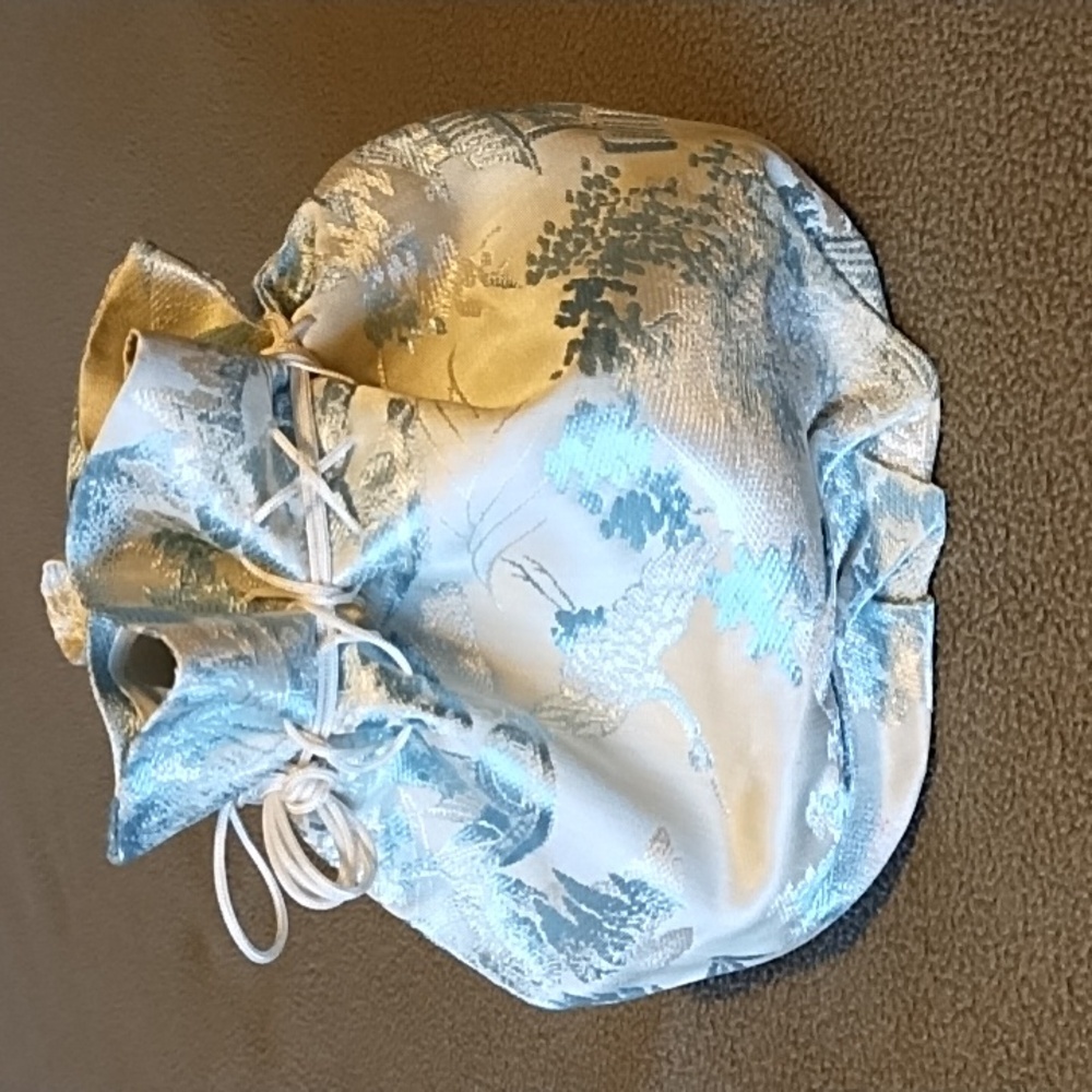 Hand Crafted Silk Damask Reticule Drawstring Bag Crane Temple Blue Silver - Picture 2 of 8